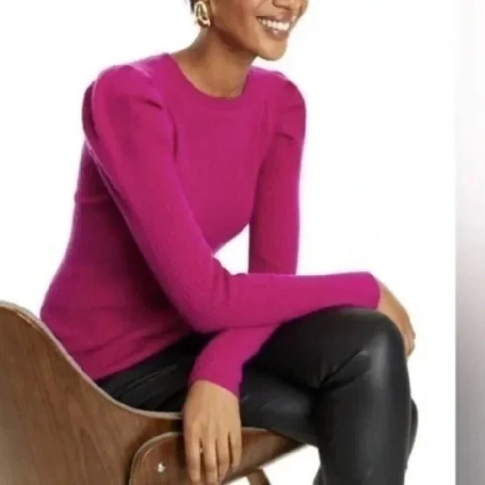 Charter Club Luxury Women Puff Sleeve Fuchsia Cashmere Sweater SZ XL